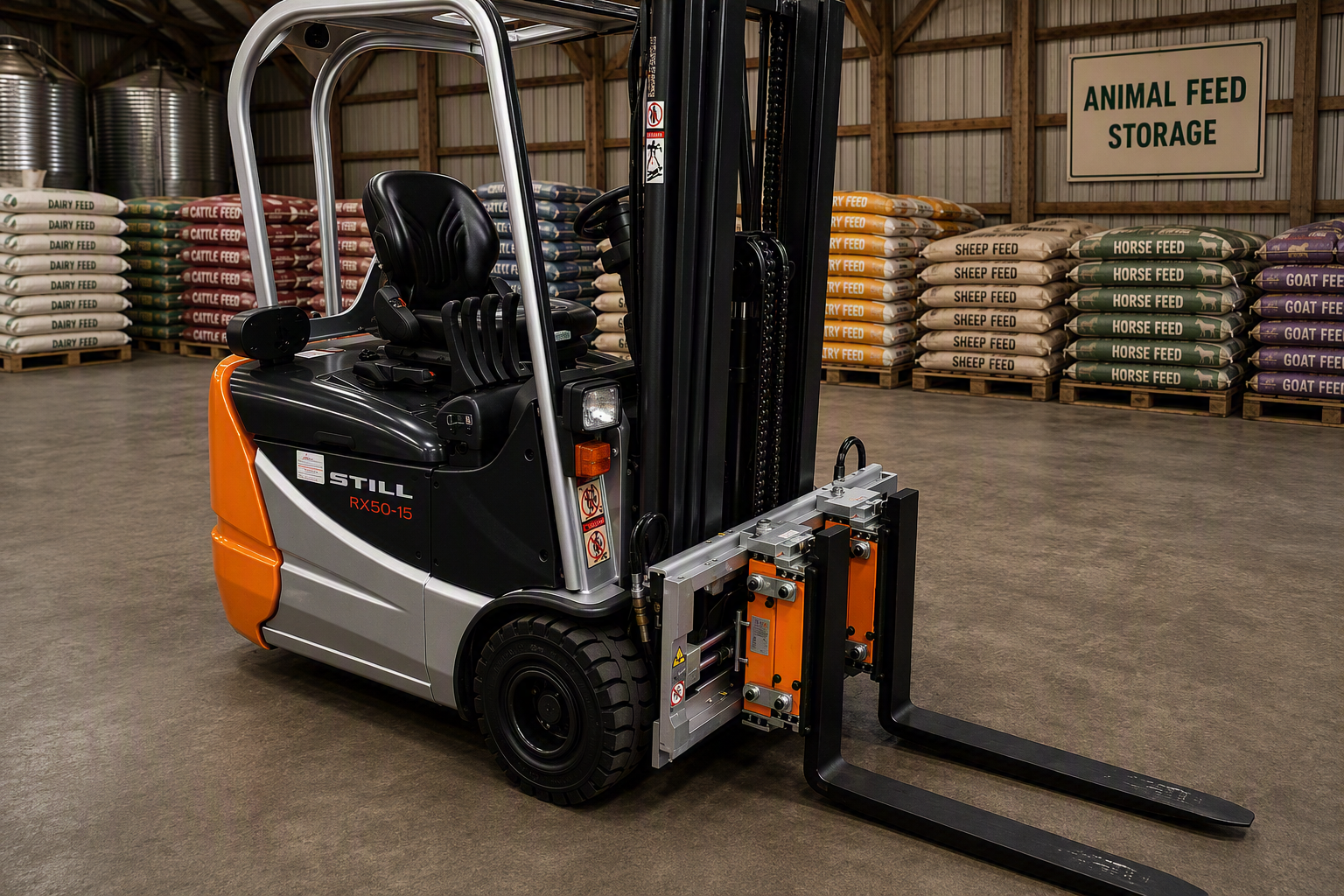 Forklift fitted with weighing scales in an animal feed store