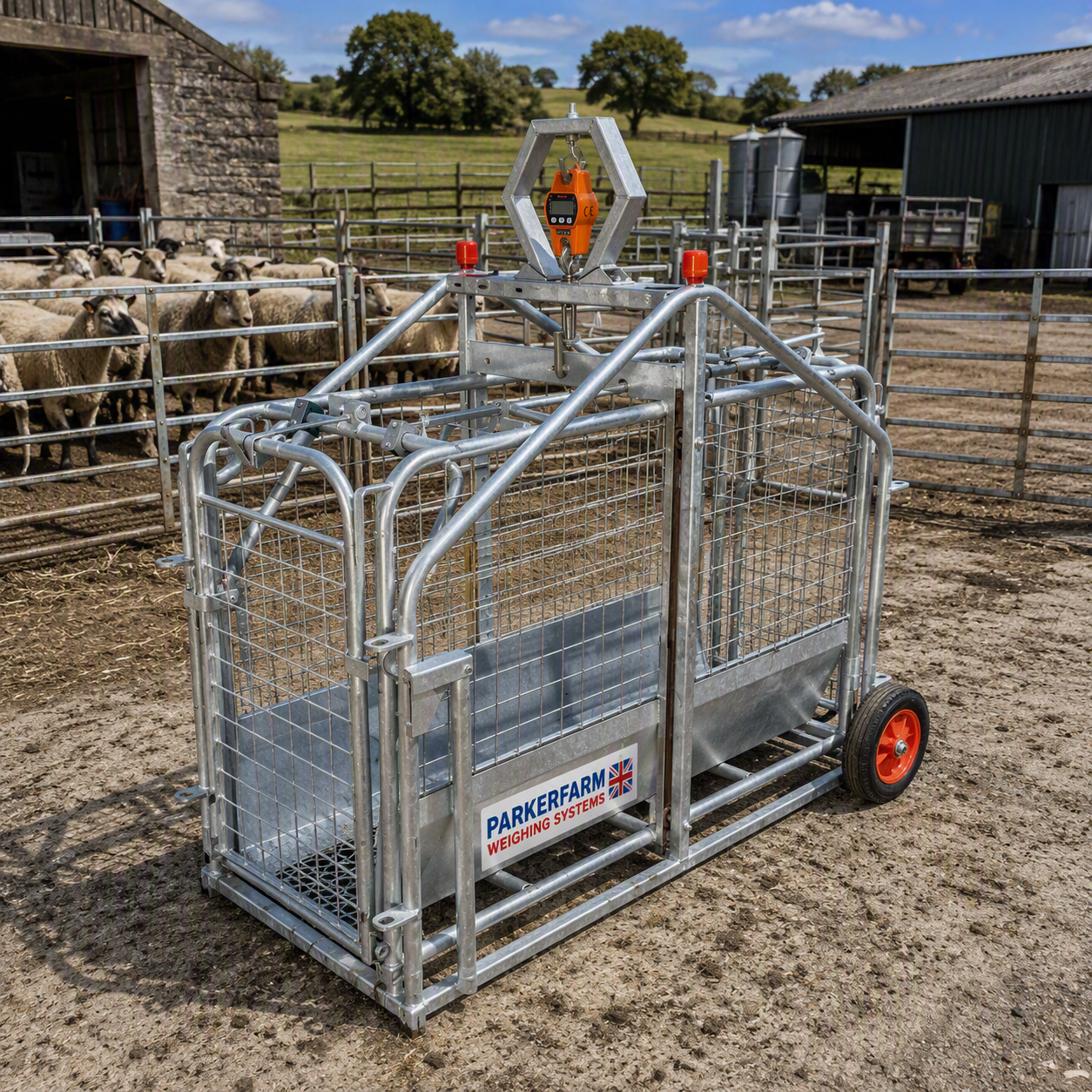 Mobile sheep weighing crate in a farmyard