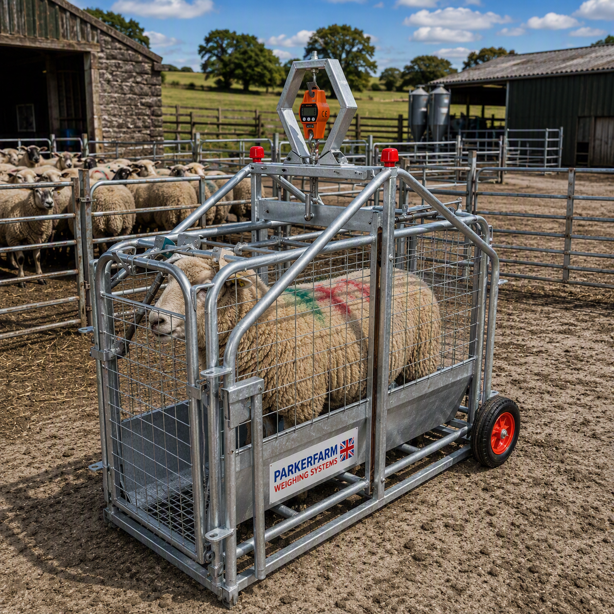 Sheep inside a mobile livestock weighing crate