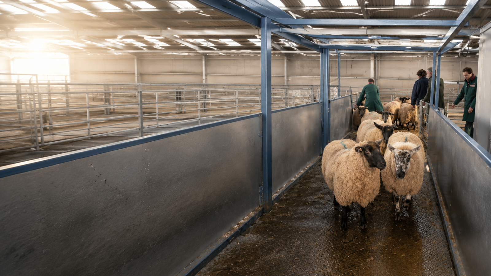 Sheep moving through a farm livestock weighing system